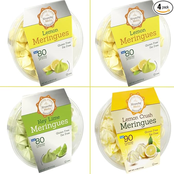4 Pack Krunchy Melts Original Meringue Cookies | Sweet & Sour 4-Pack | 2 Lemon, Key Lime, Lemon Crush | Only 80-90 Calories Per Serving | Low Fat/Fat Free, Gluten Free, Dairy Free (4 Oz)