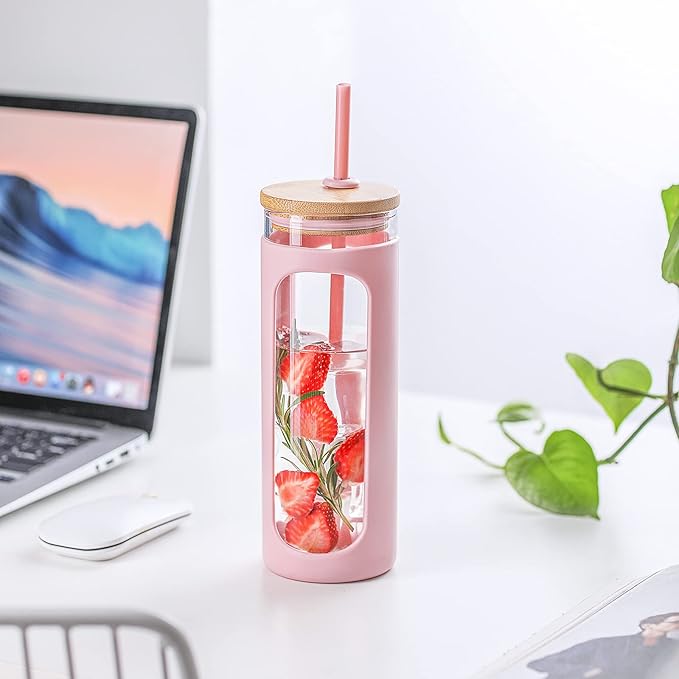 Kodrine 20oz Glass Water Tumbler with Straw and Lid, Bamboo Lids Water Bottle, Iced Coffee Cup Reusable, Wide Mouth Smoothie Cups with Protective Silicone Sleeve BPA FREE-Pink