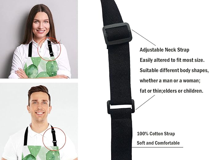 Cute Watercolor Cactus Adjustable Bib Apron, Succulent Olive Green Botanical Cooking Kitchen Apron for Men Women