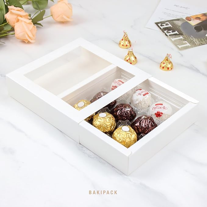 BAKIPACK 12 Truffle Boxes, Chocolates Box, White Truffle Gift Packaging with 9-Piece Plastics Tray