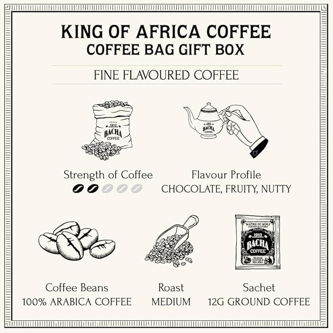 Bacha Coffee | King of Africa Fine Flavoured, Medium Roast, 100% Arabica Specialty Coffee, 12 Coffee Drip Bags, Gift Box