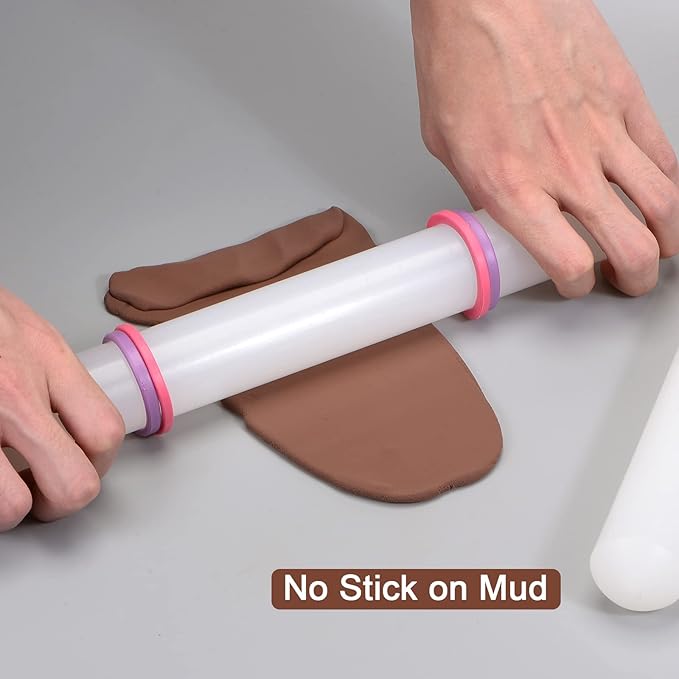 HARFINGTON Fondant Rolling Pin 12 Inch x 1.38 Inch Adjustable Guide Rings Non-Stick PP Plastic Fondant Roller Dough Roller Kitchen Decorating Tools for Cookie Pastry Pizza Clay