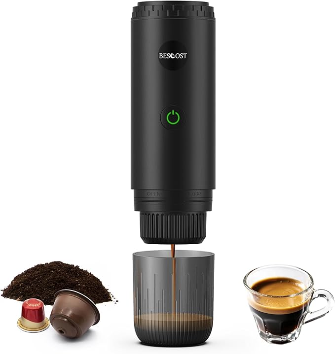 Portable Espresso Maker| Electric Coffee Machine-Travel Coffee Maker Self-Heating with USB-C, Compatible with Capsules & Ground Coffee for Camping, RV & Office