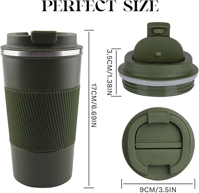 YINBAOGE Insulated Travel Coffee Mug Spill Proof Leak Proof Pobtable To Go Camping Stainless Steel Coffee Tumbler Reusable Coffee Cups with Lids Thermos for Hot and Cold Drink (Green, 17 OZ)