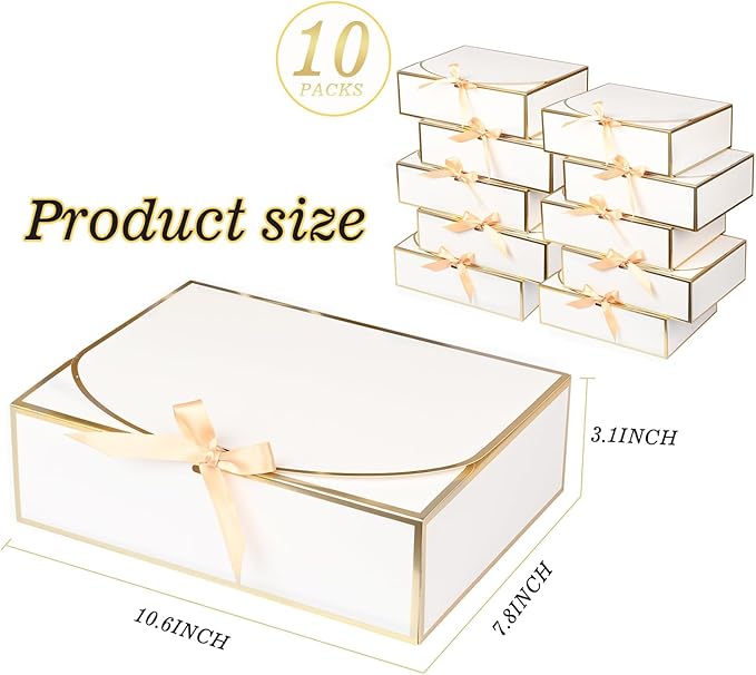 10Pack White Gift Boxes, 10.6x7.8x3.1Inch Bridesmaid Proposal Box with Ribbons, Gift Boxes with Lids for Presents, Mother's Day, Wedding, Birthday Party, Anniversary