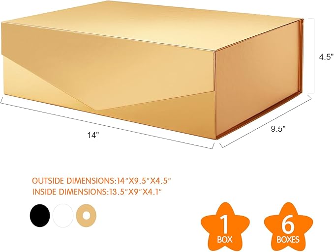 Large Gold Collapsible Gift Boxes with Magnetic Closure Lids 13.5x9x4.1 Inches, Bridesmaid Proposal Boxes for Presents (Glossy Gold, 6 Pack)
