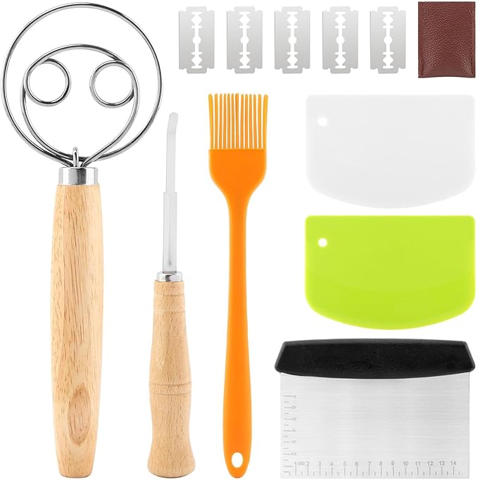 Danish Dough Whisk with Sourdough Scoring Tool, Bread Making Tools Baking Supplies, Dough Hook Dutch Whisk, Bread Lame, Bench Scraper & Pastry Brush, Set of 6(6pcs,COLOR:silver)