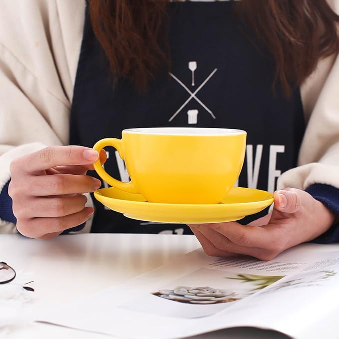 Small Speciality Coffee Double Espresso Cup and Saucer, Small Cappuccino New Bone China for Coffee Shop and Barista (Matte Yellow, 5 oz)