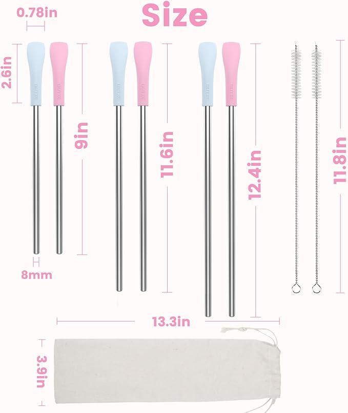 OUTXE Anti Wrinkle Straw 6 Pcs, Flat Wide Drinking Straw for Stanley& Yeti& Owala, Reusable Wrinkle Free Long Stainless Steel Metal Straw for Lip with Cleaning Brush and Carrying Bag