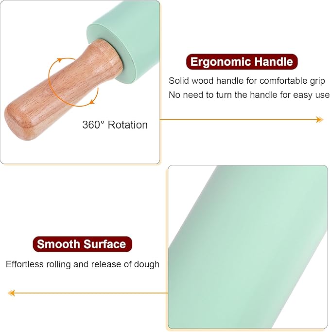 HARFINGTON Silicone Rolling Pins for Baking 16.93 Inch Non-Stick Silicone Surface Wooden Handle Rolling Pin Small Roller Playdough Rolling Pins for Fondant Kitchen Dough Pizza, Green