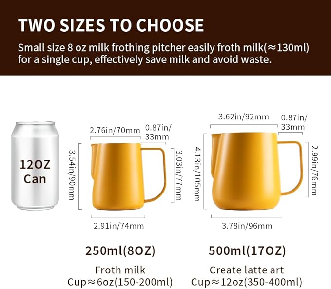 watchget Milk Frothing Pitcher 250ml/8oz Stainless Steel Espresso Steaming Jug with Matte Yellow Coating, Latte Art Coffee Frother Cup