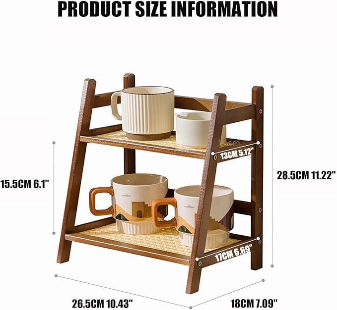 KISKIS Cup Mug Holder Wooden & bamboo look, Non-Slip Coffee Cup Rack Organizer, Bathroom Stand Storage Shelf with 2 Tier, Kitchen Countertop Spice Rack
