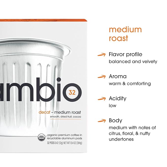 Cambio Roasters Organic Decaf Coffee Keurig KCups, Lower Acid Decaf Coffee K Cups for Any Time of Day, The Only Aluminum Medium Roast Pods Compatible with Keurig, Organic Coffee K Cups, 60 count