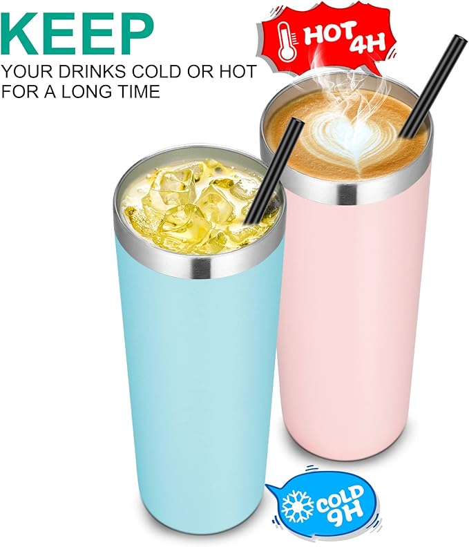 VEGOND Stainless Steel Tumblers Bulk 12 Pack, 20 oz Vacuum Insulated Skinny Tumblers with Lids and Straws, Double Wall Coffee Mug, Travel Water Cup, Blue