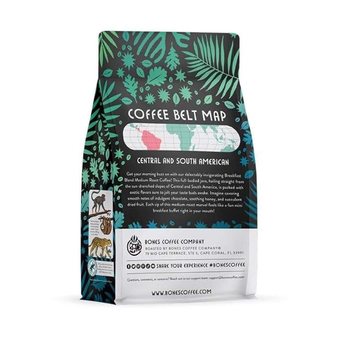 Bones Coffee Company Breakfast Blend, Chocolate, Honey and Dried Fruit Notes, Unflavored Coffee, Medium Roast Low Acid Arabica Beans Compatible with Auto drip and French Press Coffee Maker, 12 Oz Whole Bean