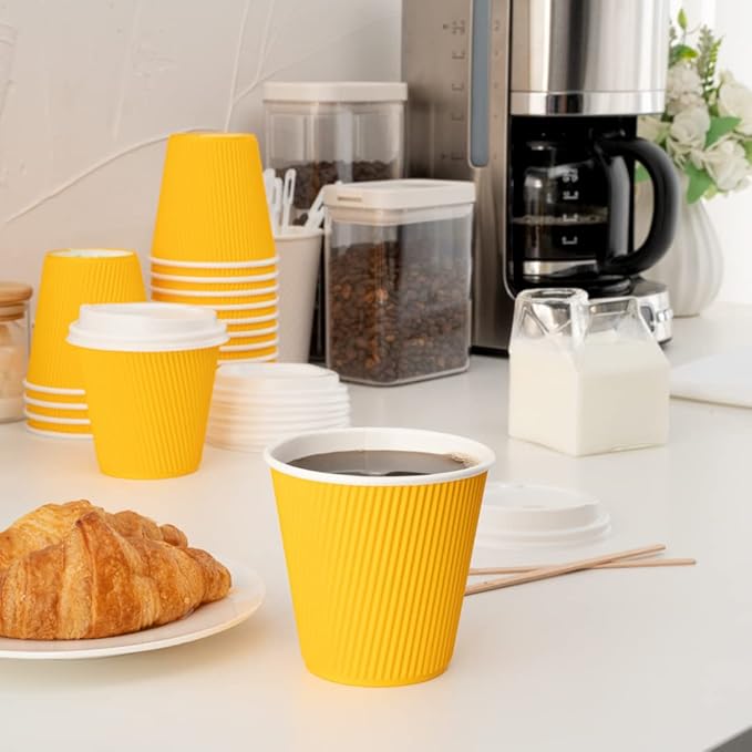 Restaurantware 8 Ounce Double Wall Disposable Coffee Cups, 500 Insulated Yellow Paper Tumblers with Ripple Wall Design, Lids Sold Separately for Hot Drinks like Tea, Hot Chocolate and More