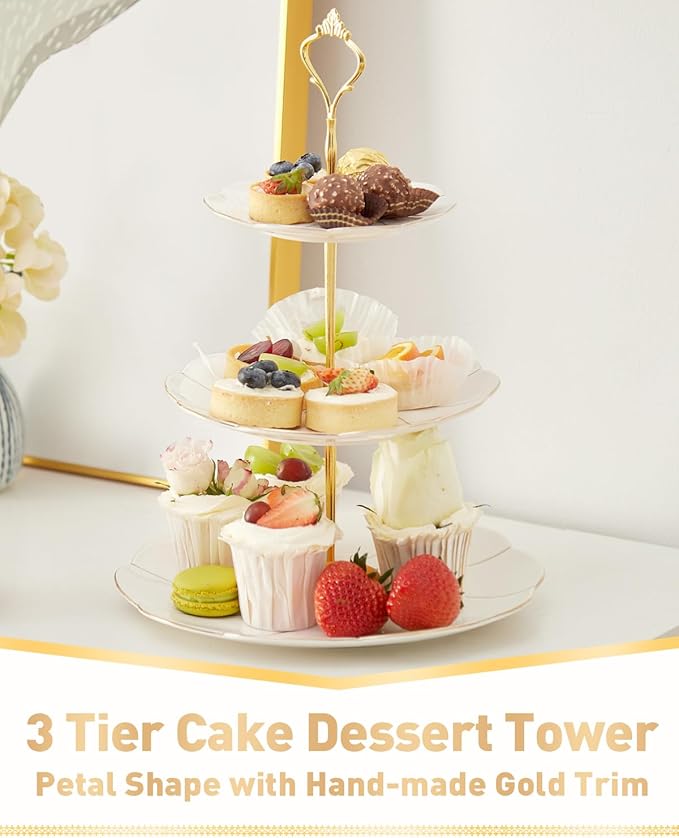 DUJUST Luxury Porcelain 3-Tier Cupcake Stand Tower, British Style Serving Tray with Golden Trim, Food Grade Dessert Display Stand, Beautiful Gift for Tea Party & Home Décor