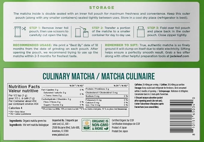Jade Leaf Matcha Organic Premium Ceremonial Grade Matcha Green Tea Powder - Japanese - Culinary, Ingredient, Ceremonial Barista Teahouse, Latte, Collagen, 16 Ounce (Pack of 1), Culinary
