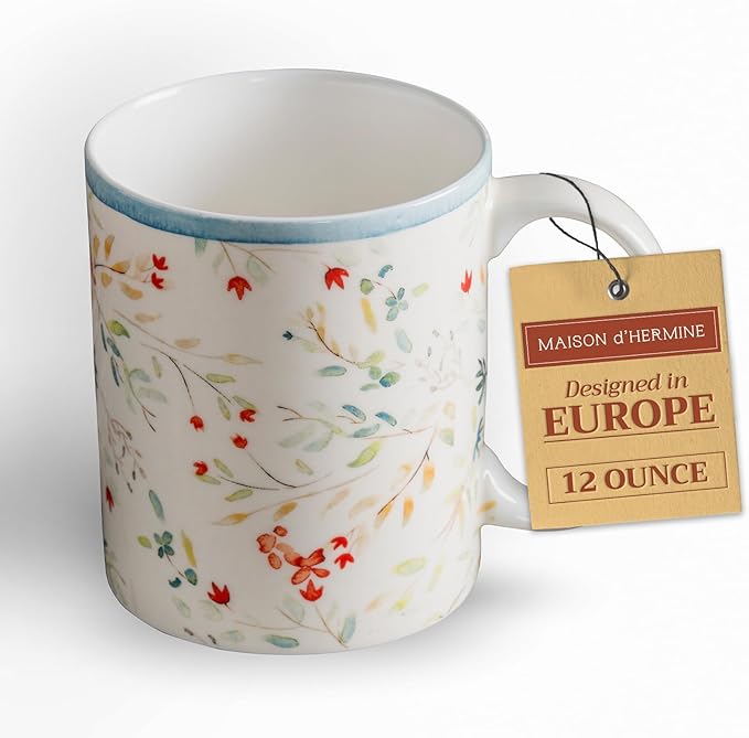Maison d' Hermine Coffee Mug with Handles Fine Bone China Mugs Pack of One Tea Cups for Hot Beverages Cappuccino Latte Home Restaurant Office Perfect for Gift (Colmar - Blue, 12 Ounce)