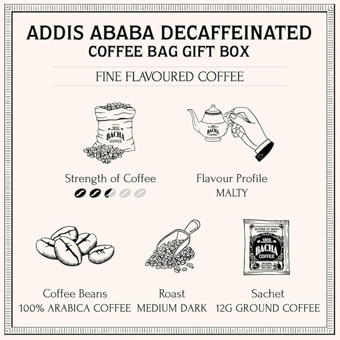 Bacha Coffee | Addis Ababa Decaf Fine Flavoured, Medium Roast, 100% Arabica Specialty Coffee, 12 Coffee Drip Bags, Gift Box