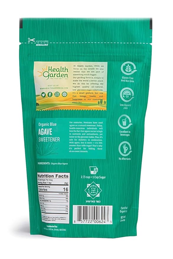 Health Garden Organic Blue Agave Sweetener Crystals - Kosher Gluten Free Non GMO Low Carb, 12 OZ