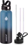 SENDESTAR Water Bottle 32oz Double Wall Vacuum Insulated Leak Proof Stainless Steel Sports Water Bottle—Wide Mouth with New Flex Straw Lid & Spout Lid (Deep Blue&Black)