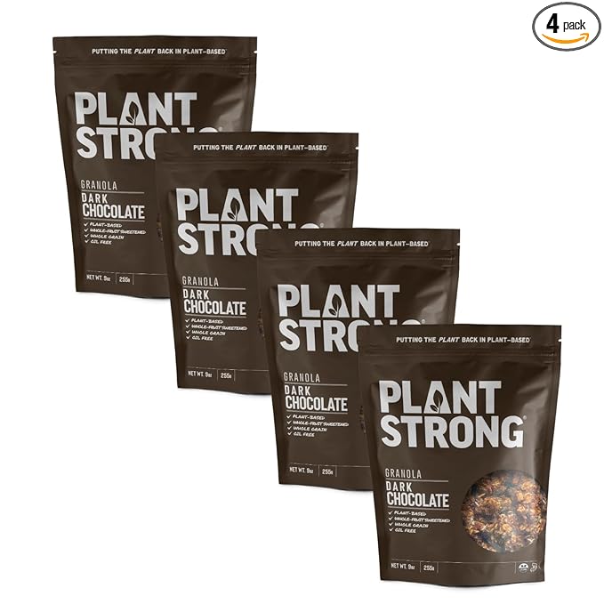 PLANTSTRONG Dark Chocolate Granola Snack Mix - Whole Grain, Naturally Sweetened With Fruit, Plant Based, Oil Free - Pack of 4 x 9oz Bags