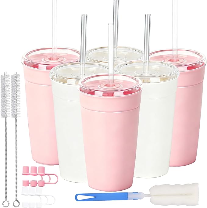 Clear Tumbler Cup, 16 oz Plastic Iced Coffee Cup with Lid and Straw, 6 Pack, Reusable and Dishwasher Safe, for Gatherings and Outdoor Adventures (6, Pink, White)