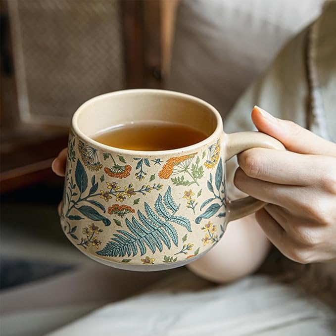 Floral Coffee Cup, 12oz Ceramic Hand Painted Porcelain Mug with Premium Gold Spoon, Cup for Cappuccino, Macchiato, Latte, Cafe, Tea, Unique Gift Idea (Summer's Whispers)