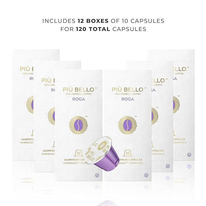 Piu Bello Coffee Pods - Nespresso Machine (Original) Compatible Capsules Pack - Rich & Balanced Taste - Strong Italian Espresso Flavored - Kosher Certified (120 Count Single Flavor) (Roga)