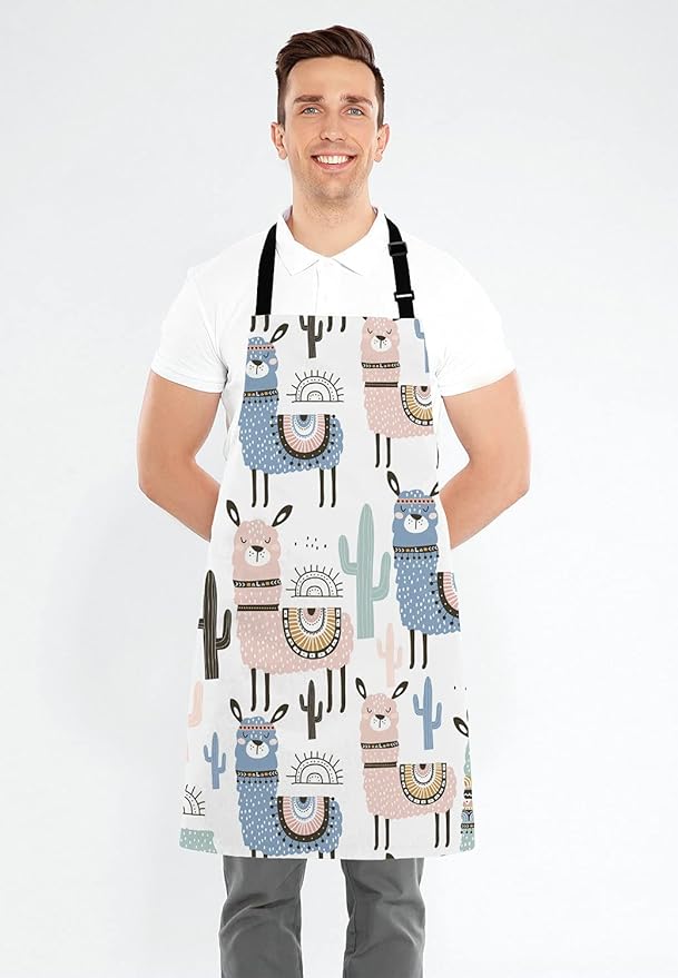 llama Kitchen Cooking BBQ Chef Apron, Cute Animal Alpaca with Cactus Apron for Men, Women - Dad Gifts, Gifts for Men - Birthday, Mothers Day Gifts for Mom, Wife, Husband, Brother, Friends