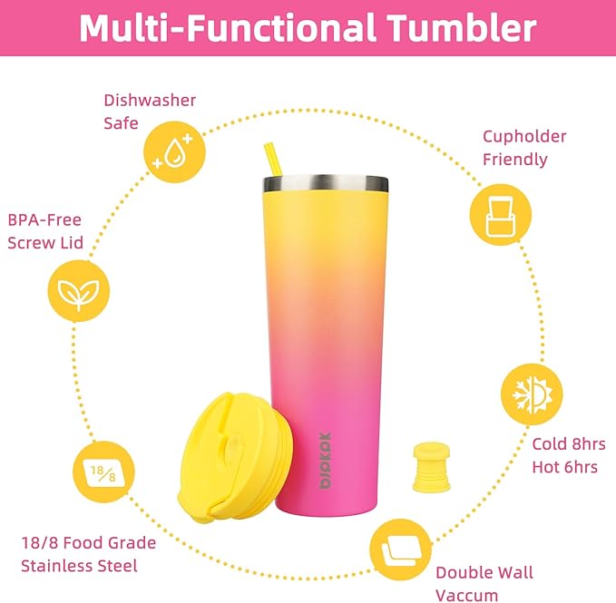 BJPKPK 30oz Stainless Steel Insulated Tumbler With lid And Straw Travel Coffee Thermal Tumblers Cup For Women And Men,Pink Yellow Rose