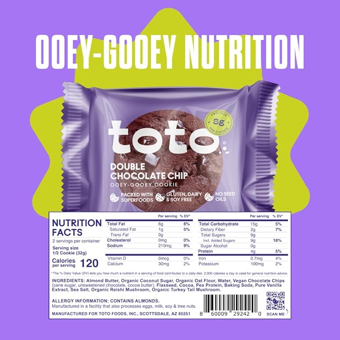Toto's Double Chocolate Chip Vegan Cookies: Gluten-Free High-Fiber Cookie with Plant-Based Protein, Superfoods, and Adaptogens - 10X Individually Wrapped Cookies