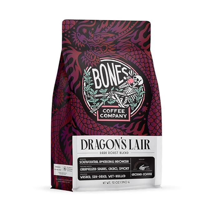 Bones Coffee Company Dragon's Lair, Smokey, Cacao and Caramelized Sugar Notes, Unflavored Coffee, Medium Roast Low Acid Arabica Beans Compatible with Auto drip and French Press Coffee Maker, 12 Oz Ground