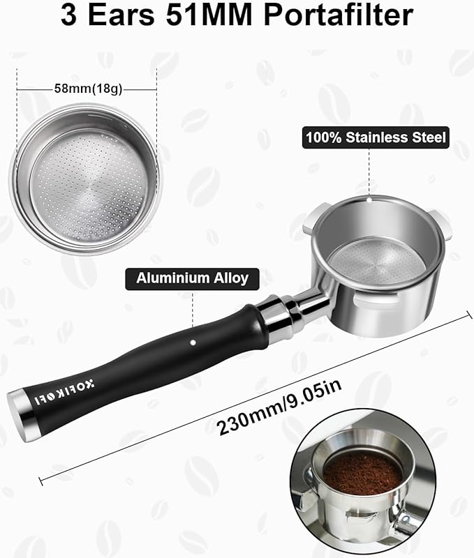 51mm Bottomless Portafilter 3 Ears Compatible with Delonghi Dedica EC680/EC685/EC885 and SMEG, EUPA Espresso Machines, Espresso Naked Bottomless Portafilter with Puck Screen and 18g Filter Basket