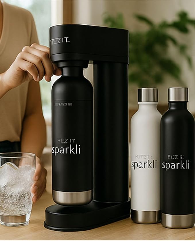 Fizzit Spärklï Carbonated Water Soda Maker with 1 Black Stainless Steel Bottle & 2 White Stainless Steel Bottles