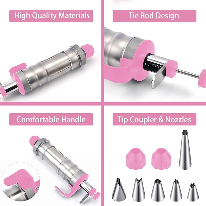 FANTEXY Dessert Decorating Syringe Set, Stainless Steels Cake Decorating Tools 6 Piping Icing Nozzles Cupcake Decorating Kit Icing Piping Kit