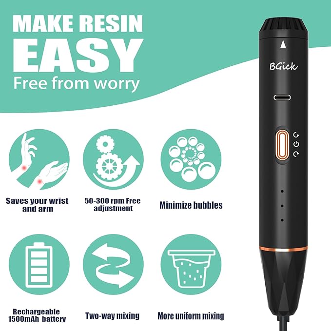 Upgraded Resin Mixer, Handheld Rechargeable Mixer with Minimizing Bubbles,Epoxy Resin Mixer for Resin, Silicone Mixing, Resin Molds, DIY Crafts (Included 4 pcs Paddles) (Black)
