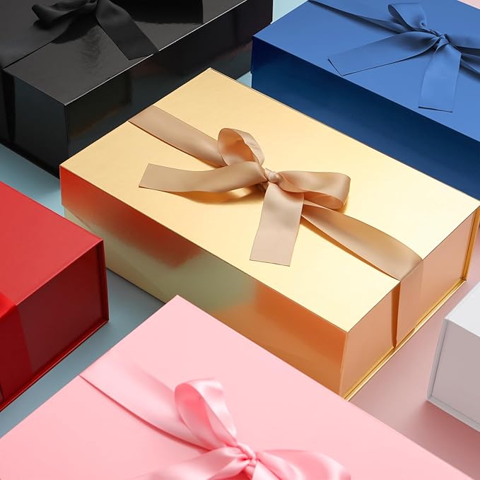 HAPPY POTATO Large Gift Box with Lid and Ribbon 11.5x8.1x3.8 Inches, Bridesmaid Proposal Box, Magnetic Gold Gift Box for Presents (Glossy Gold)
