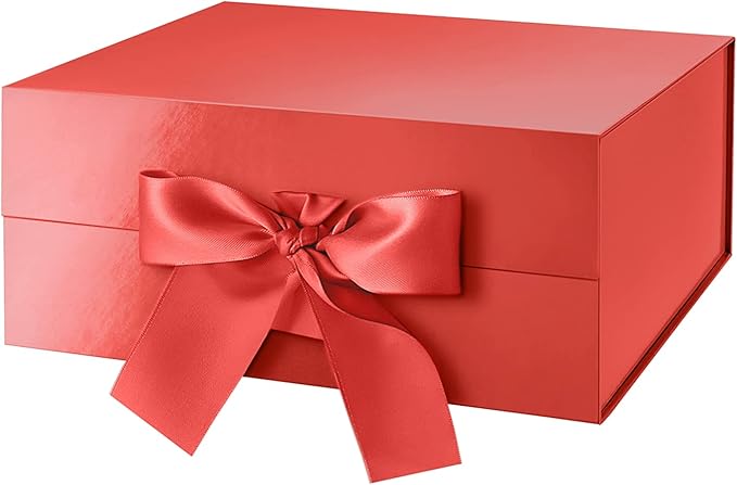 HAPPY POTATO Christmas Gift Box with Ribbon 9x6.5x3.8 Inches, Red Gift Box with Lid, Bridesmaid Proposal Box, Magnetic Gift Boxes for Presents (Glossy Red)