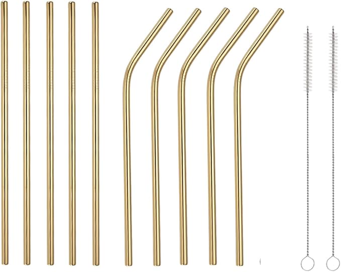 10 Pcs Stainless Steel Straws, Reusable Drinking Straws, 5 Straight + 5 Bent Metal Straws Set With 2 Pcs Cleaning Brushes (Gold, 10.5 Inch)