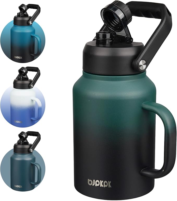 BJPKPK 64oz Insulated Water Bottle with Handle, Large Dishwasher Safe Half Gallon Water Bottle, BPA Free Water Jug, Wide Mouth Metal Water Bottle with Anti-slip Bottom, Army Green & Black