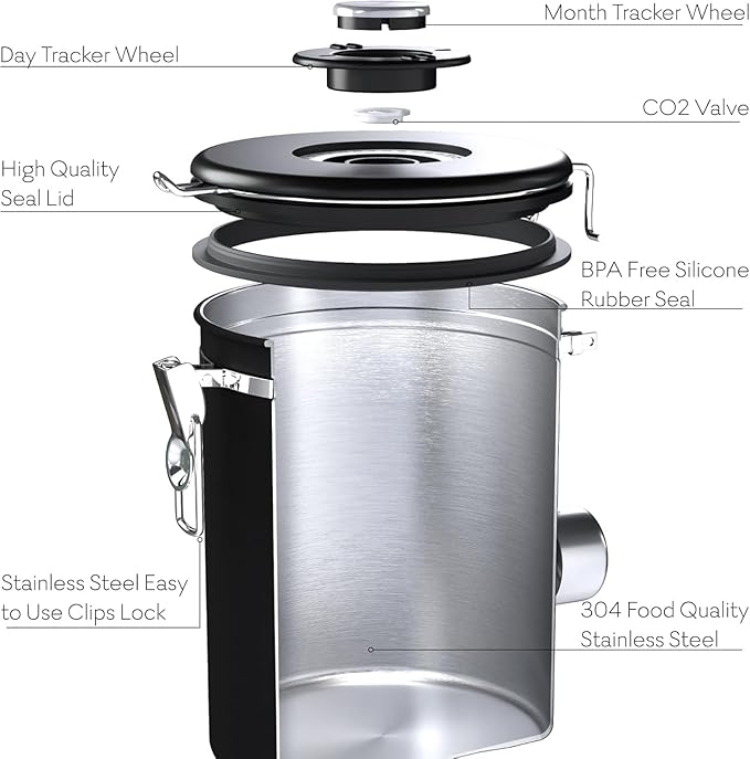 Coffee Canister – Airtight Stainless Steel Storage Container with Date Tracker & Scoop, Sealed Jar for Grounds, Beans, Tea, Flour, Cereal, and Sugar (Black Esspresso, 22OZ)
