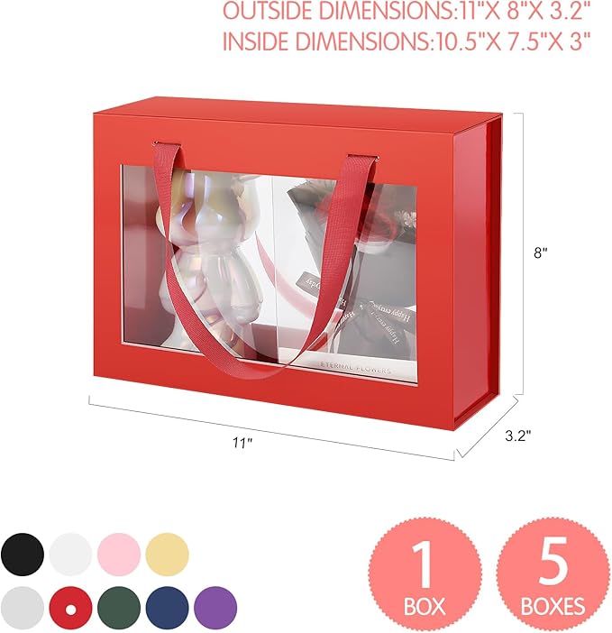 Red Gift Box with Window, Clear Magnetic Gift Box with Handle for Present, Bridesmaid Proposal Box (10.5x7.5x3 Inches