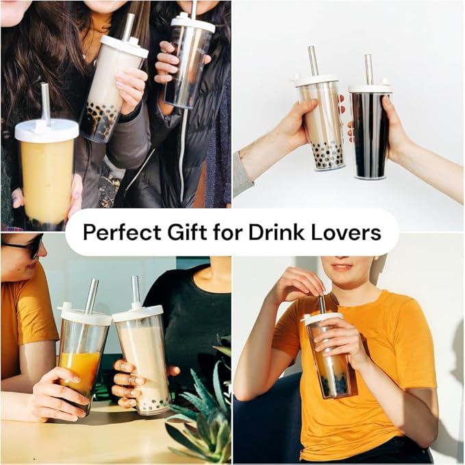 Dodoko Reusable Boba Cup and Straw Boba Tea Cup Bubble Tea Cup Reusable Iced Coffee Cup Cold Coffee Cup Smoothie Cup with Lid and Straw Smoothie Cup to go Smoothie Tumbler 17 oz - Night Black