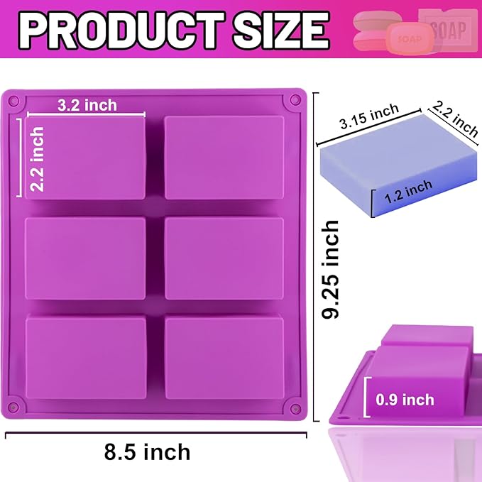 2 Pack Silicone Soap Molds, 6 Cavities Rectangle Silicone Soap Molds, Great for Homemade Craft Soap Mold, Chocolate Mold, Cake Mold ＆ Ice Cube Tray - Just Pop Out（Purple)