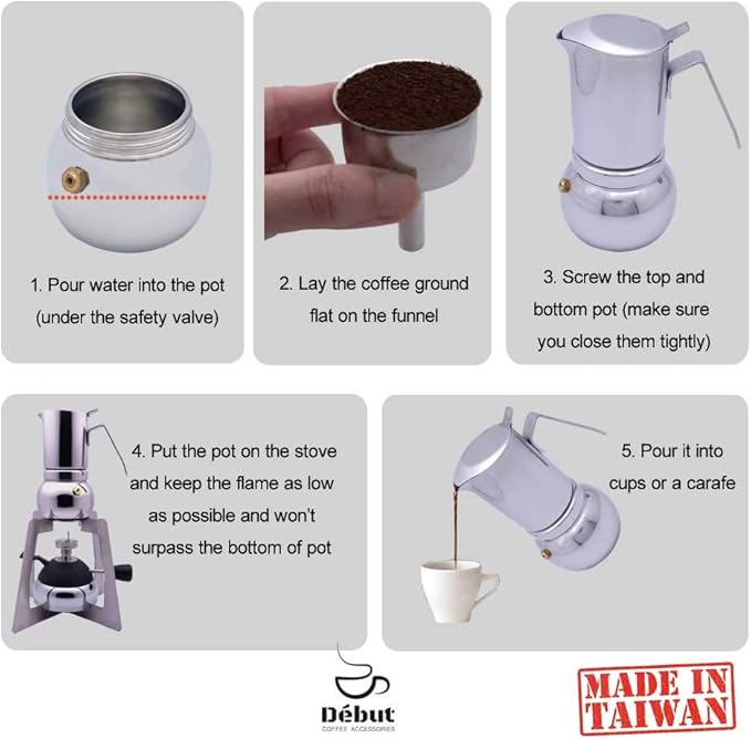 DÉBUT Stainless Steel Italian Espresso Coffee Maker Stovetop Moka Pot Greca Coffee Maker Latte Cappuccino Percolator, 8 Espresso Cup - 16.9 Oz