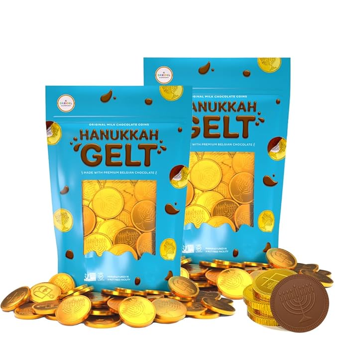 The Dreidel Company 200-Pack Chocolate Candy Milk Chocolate Coins, Hanukkah Gelt, Gold Coins, With Menorah and Dreidel Designs Made with Belgian Chocolate, Gluten Free, Non GMO, Nut-Free, Kosher Certified