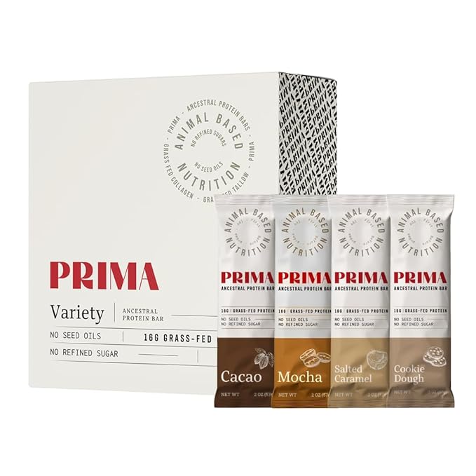 PRIMA ANCESTRAL PROTEIN BAR Grass Fed Protein Bars, 7 Pack – Animal-Based Protein Bar with Beef Tallow, Raw Honey, Seed Oil Free, Low Carb, Gluten-Free – Healthy, Energy Snacks for Clean Lifestyle (7 Pack, Variety Pack)