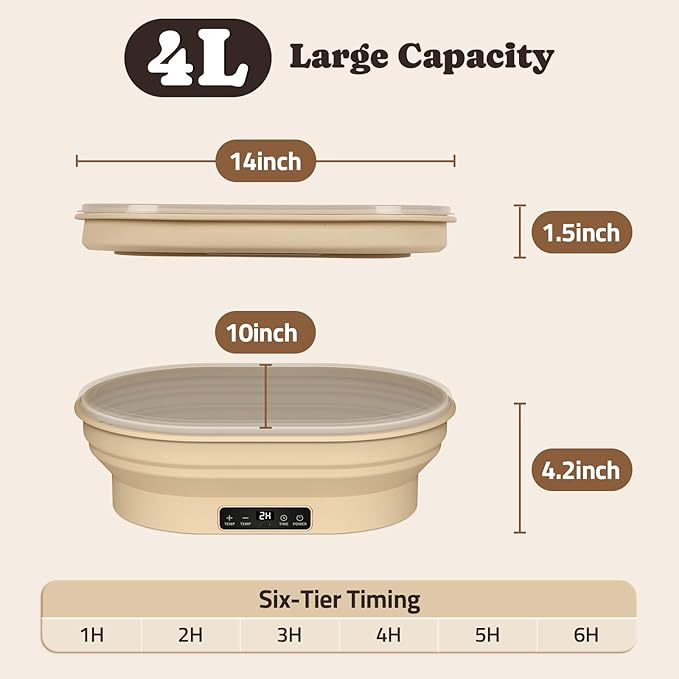 Heating Sourdough Bread Proofing Basket, 4L Electric Thermostatic Silicone Oval Banneton Proofing Bowl with 6 Timer & Temp Settings for Dough Rising, Dishwasher Safe, Foldable Sourdough Starter Bowl